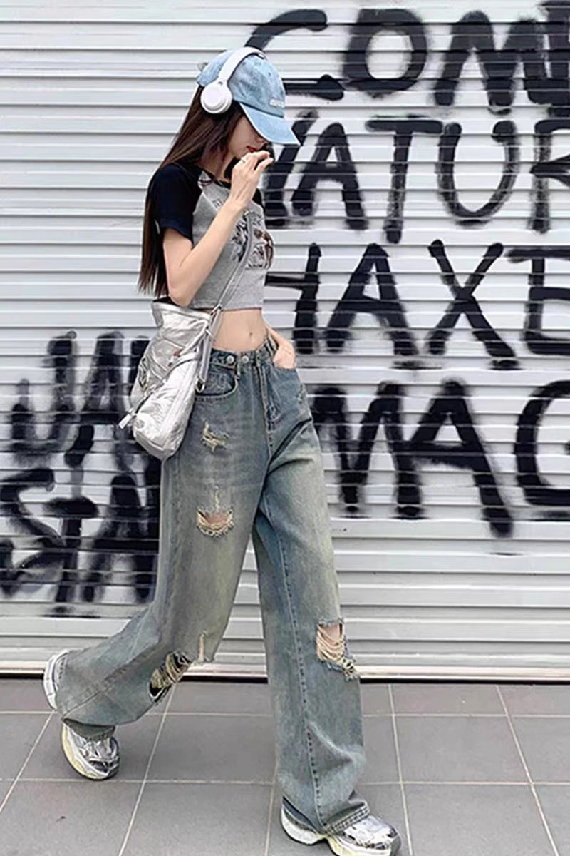 Y2K Distressed Wide-Leg Jeans