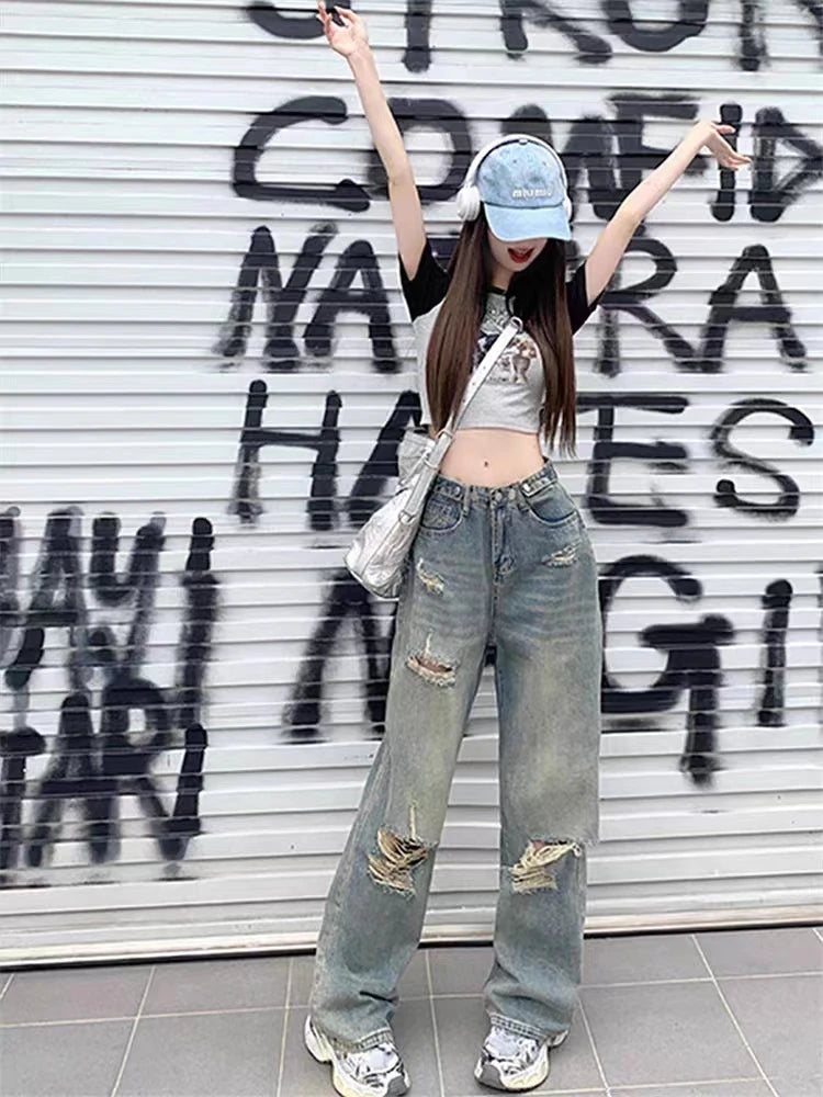 Y2K Distressed Wide-Leg Jeans