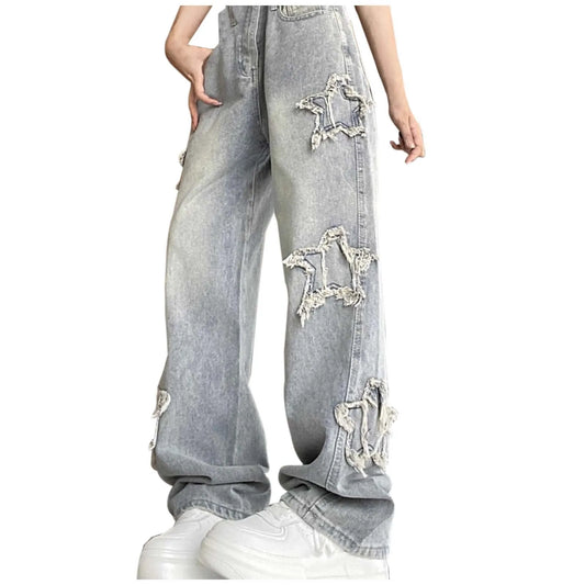 Wide-Leg Star Embroidery Jeans